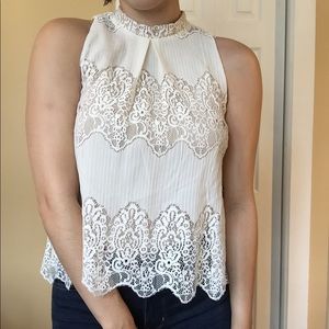 White Lace Mock Neck Blouse